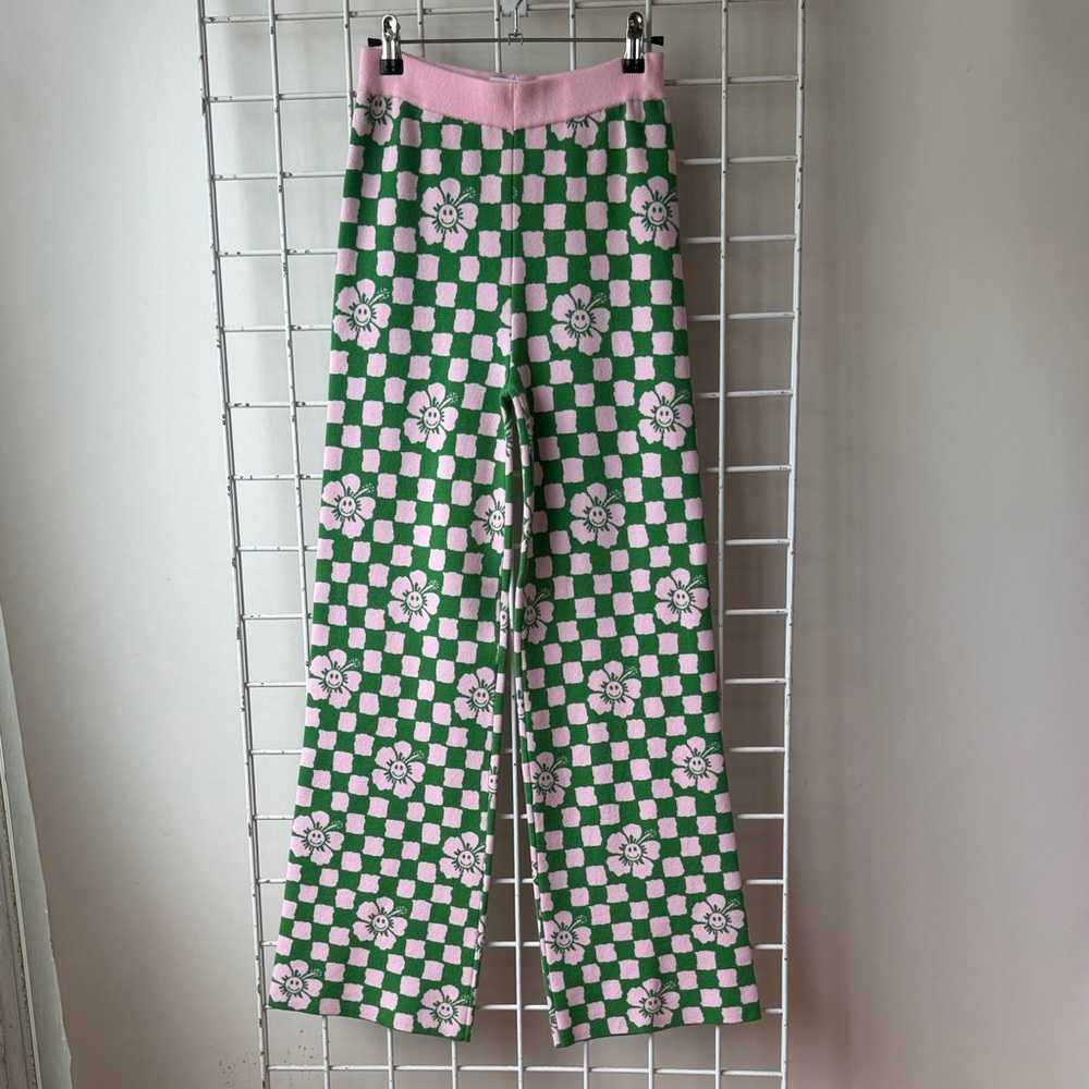 Emma on Holiday Green & Pink Checkerboard Flower Knit Pants Size Medium #0023